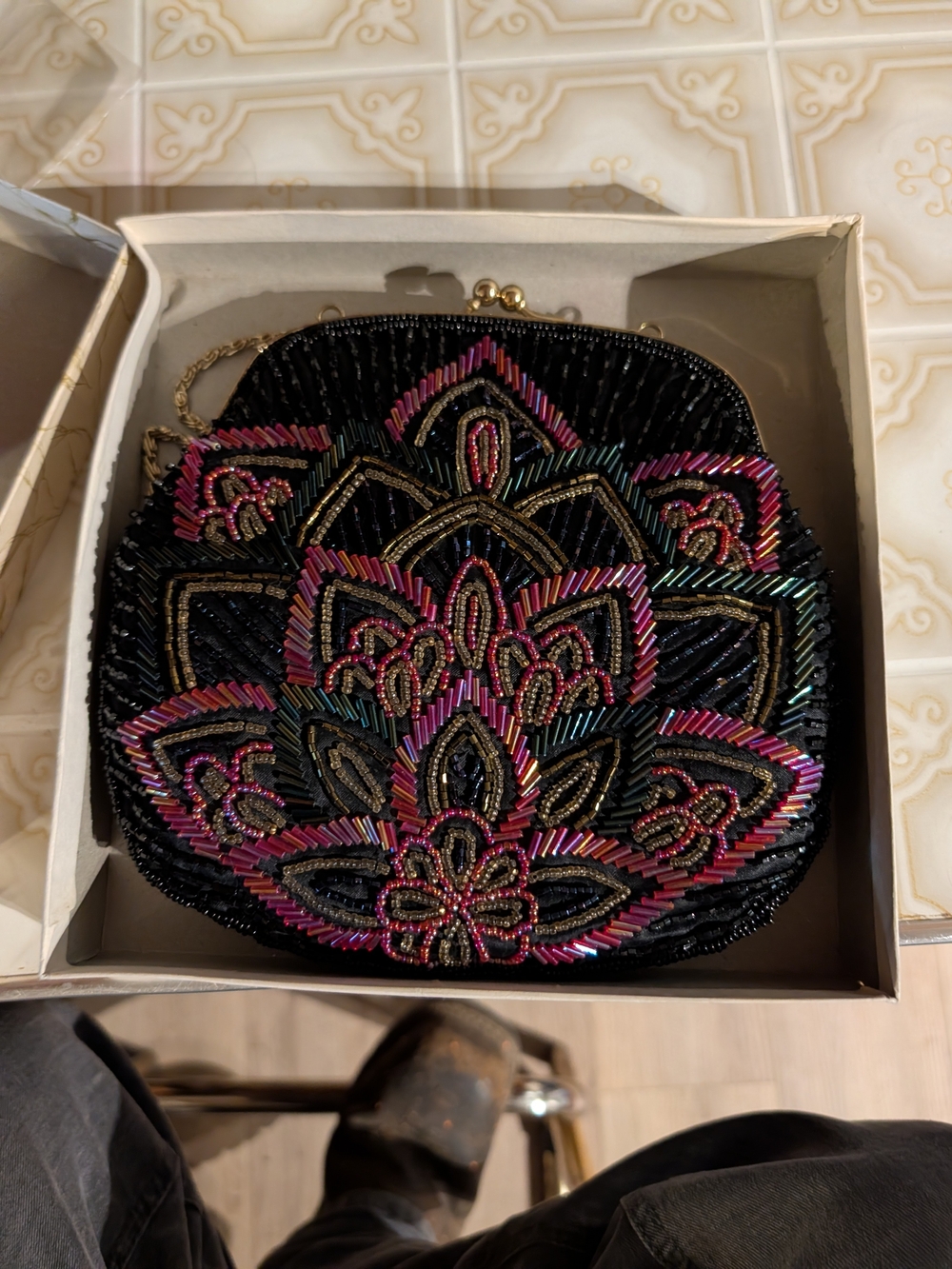 Vintage Golden Beaded Mandala Clutch — With Original Box & Receipt!